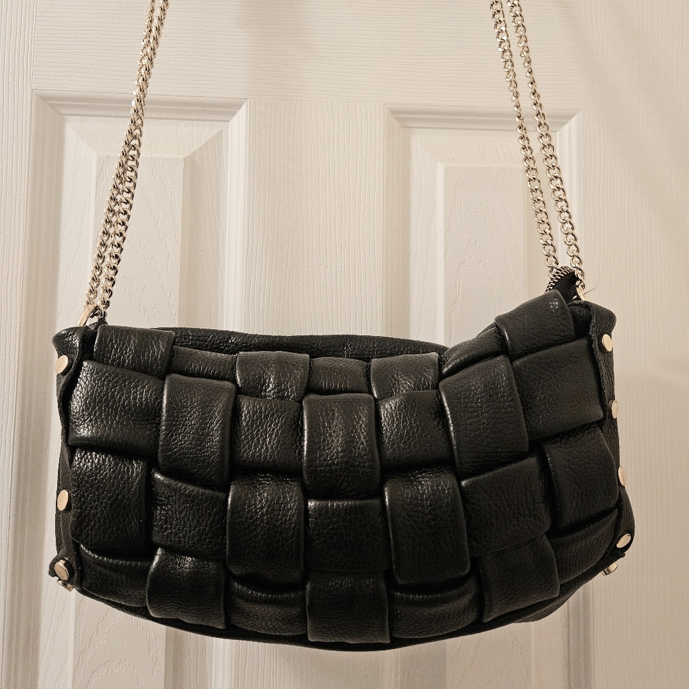 Valentina Fiore Black Woven Leather Gold Tone Studded Satchel Crossbody Bag